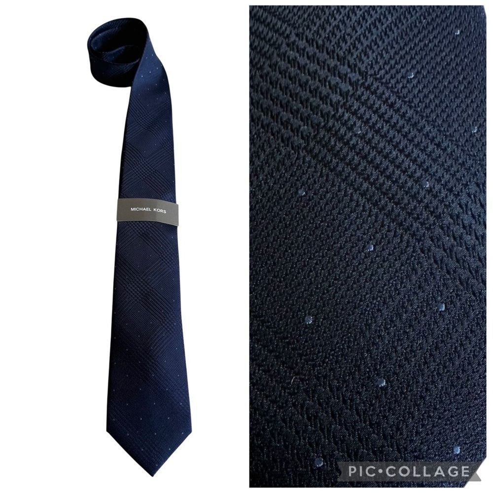 NWT Michael Kors Blue Dotted Glen Check Silk Blend Necktie Tie